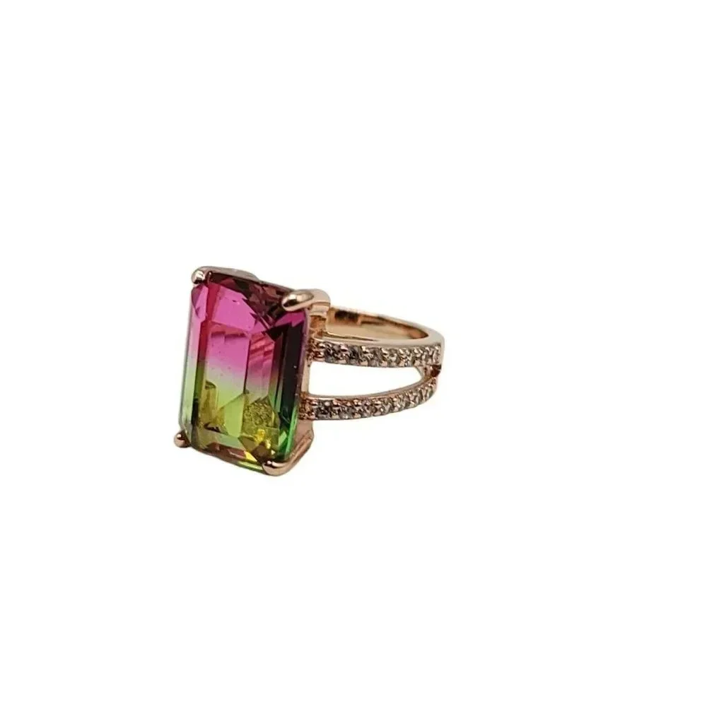 Pink Green Blended Glass Rhinestone Costume Bling Ring Size 5 Rose Gold Plated